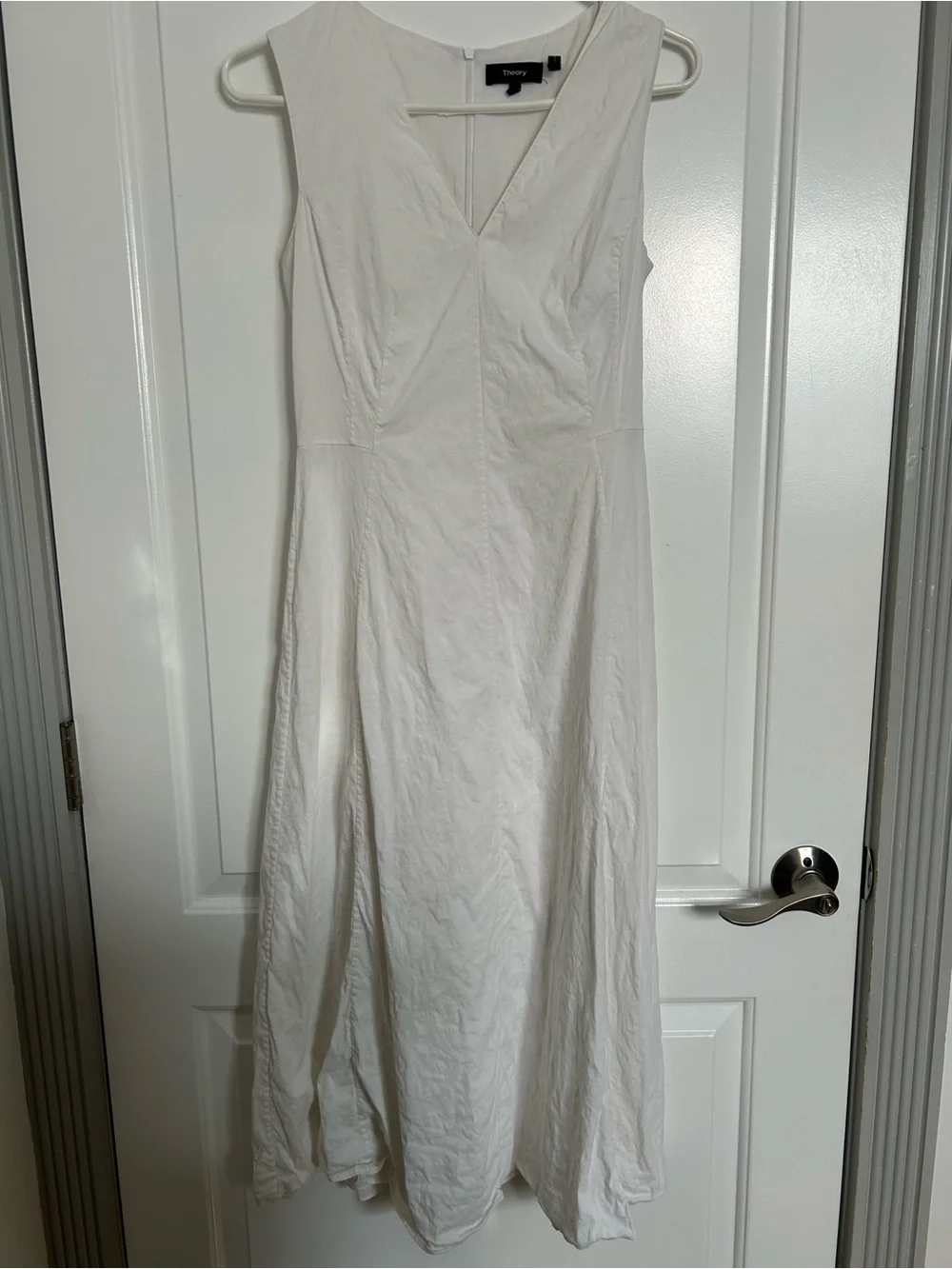 Theory Seamed V-Neck White Linen Blend Midi Dress Size 4 chic preppy summer - Picture 2 of 16